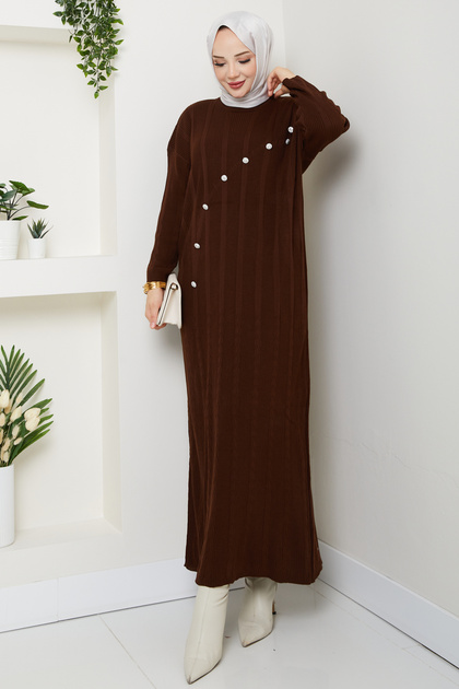 Women's Stone Detailed Plus Size Ribbed Long Knitwear Dress