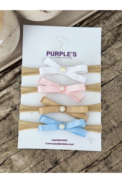 100% Handcrafted Pearl Detailed Bow Ultra Flexible Newborn Compatible Baby Kids Hair Band Set of 4