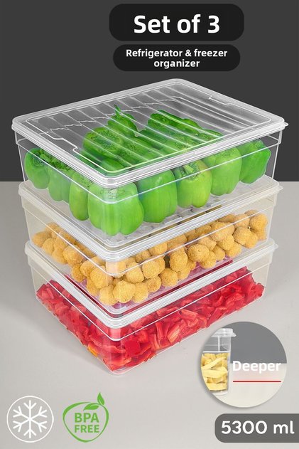 3-Piece Deep Microwave Compatible Food Storage Container - Transparent Lid Organizer Set 5300ml