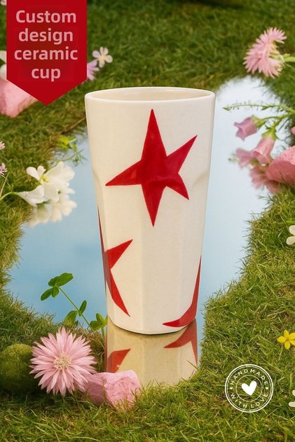 Red Star Patterned Handmade Ceramic Cup – Special Design