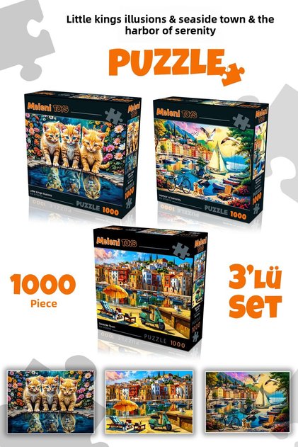 3 Pieces 1000 Piece Puzzle - Lion King Cat, Seaside Town and Tranquility in the Port Puzzle 68X48 cm