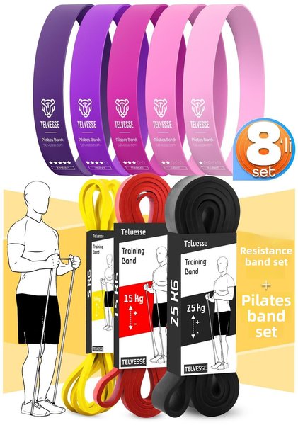 8-Piece Giga Set 5+15+25 kg + 5-Piece Pilates Resistance Band Dangle Rubber Loop Band Pink Tone