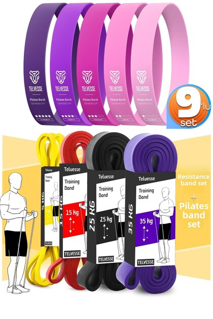 9Pcs Tera Set 5+15+25+35 kg + 5Pcs Pilates Resistance Band Pilates Rubber Loop Band Pink Tone
