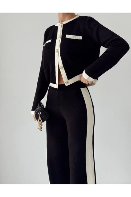Women's Gold Button Detail Cardigan Pants Two-Piece Knit Set - Black