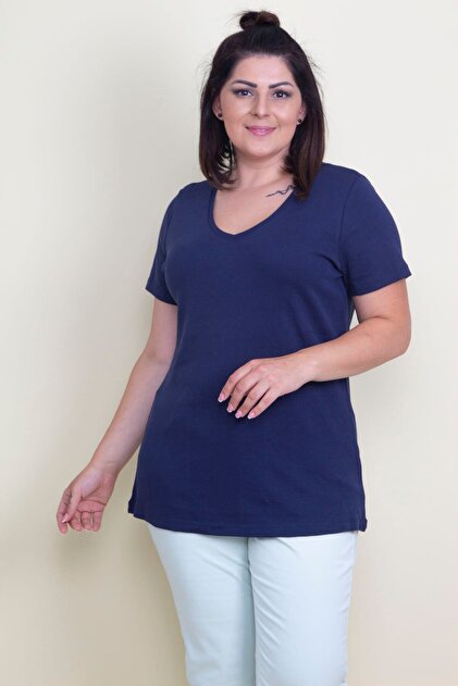 Women's Large Size Navy Blue Cotton Fabric V-Neck Blouse 65n17529