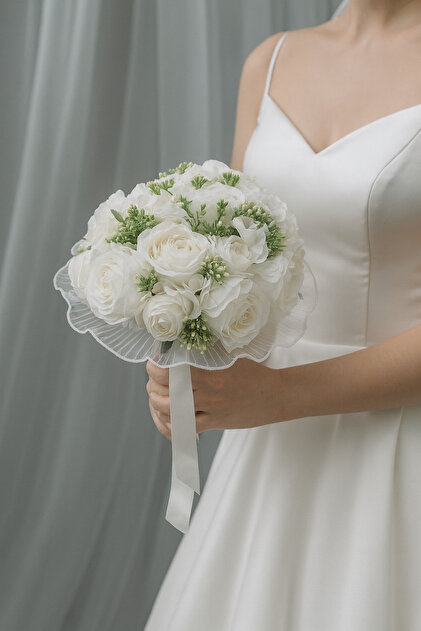 Tüllü Şakayık Gelin Çiçeği Gelin Buketi ve Damat Yaka Çiçeği Seti