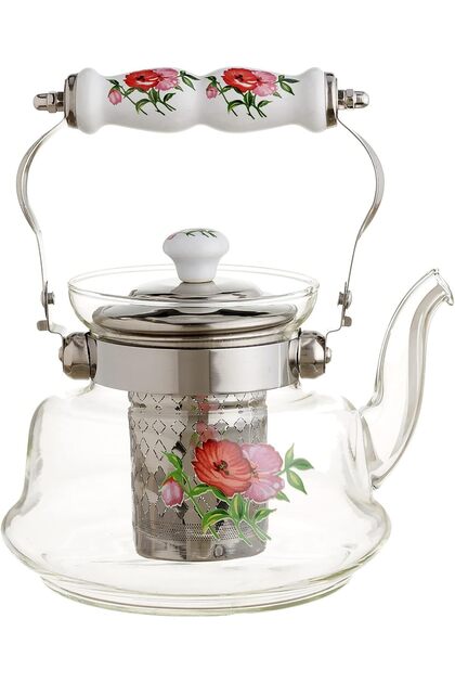 Li Ying Pyrex Tea Pot with Infuser and Floral Design Transparent/Silver/Red 1.4 Liters