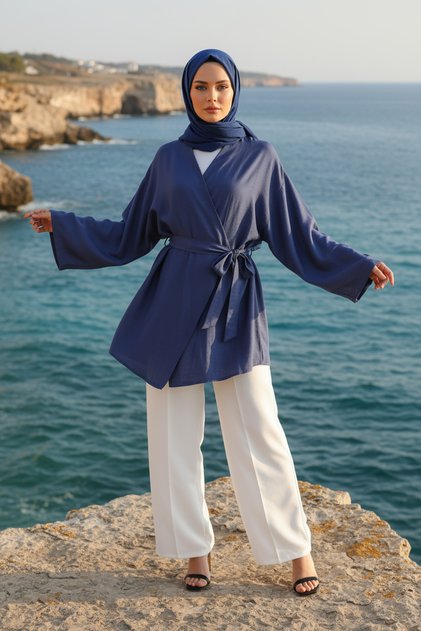 Indigo Blue - Natural Viscose Fabric Women's Hijab Kimono with Pockets and Belt 1168-Tes
