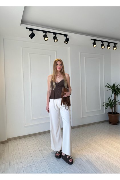 Wide Leg Trousers with Elastic Waist - Stone