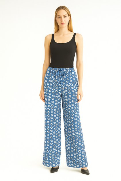 Women's Blue White Floral Belted Elastic Waist Relaxed Fit Palazzo Viscose Trousers