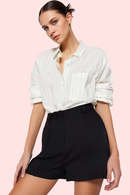 Women's Fashion Rib Detailed Woven Shorts High Waist Pipe Leg Casual Combinations Summer Shorts