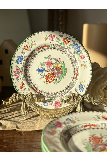 Antique English Chinese Rose Colorful Floral Dessert / Cake Plate Wall 16 cm - Pcs