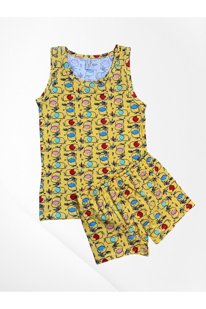 Boy's 100% Cotton Yellow Color Elephant Patterned Network Part Stitched Undershirt Boxer Set
