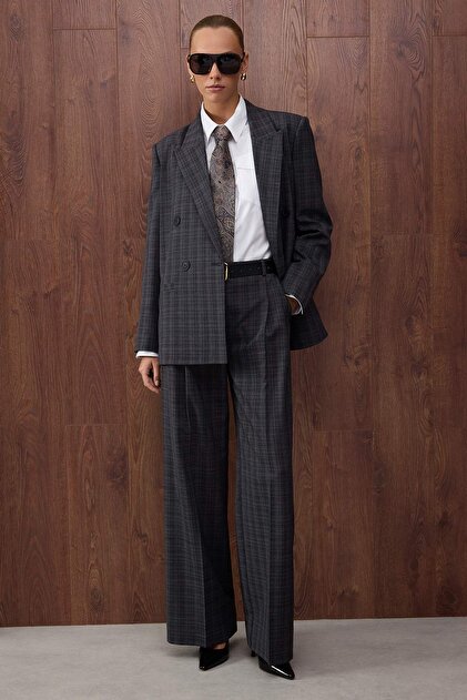 Special Collection Anthracite Checked/Plaid Oversized Woven Blazer Jacket Blazer Jacket TWOAW26BC00022
