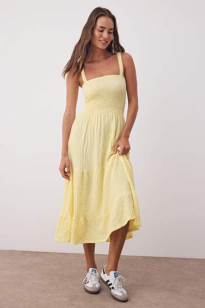 Trendyol Collection Yellow Textured Thick Strap A-Line/A-Line Open Hem  Ruffle Midi Stretchy Straight Knitted Dress Twoss25El00912- Trendyol