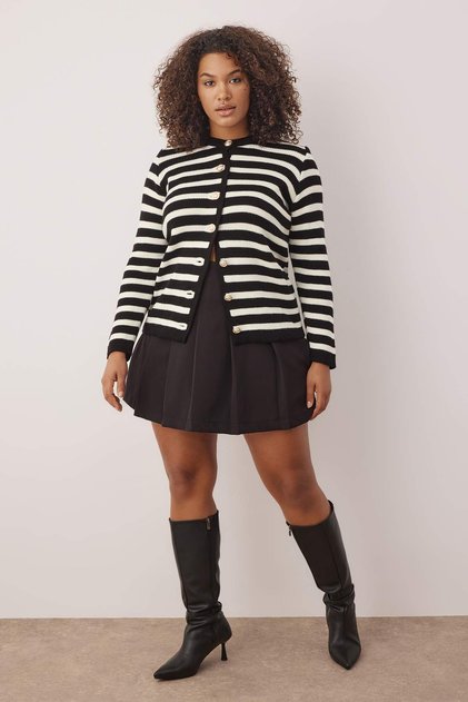 Black-White Striped Jacket Look Knitwear Cardigan Tbbaw24Av00011