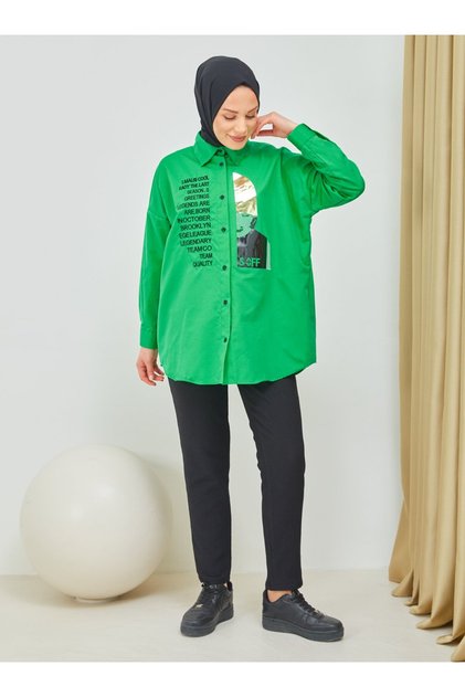 Embroidery and Stone Printed Tunic - Green - Sahra Butique
