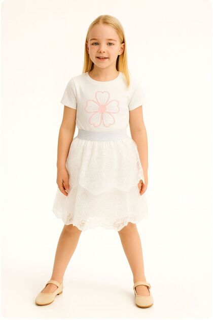 Girls' Suit Floral Embroidery T-Shirt and Layered Lace Skirt