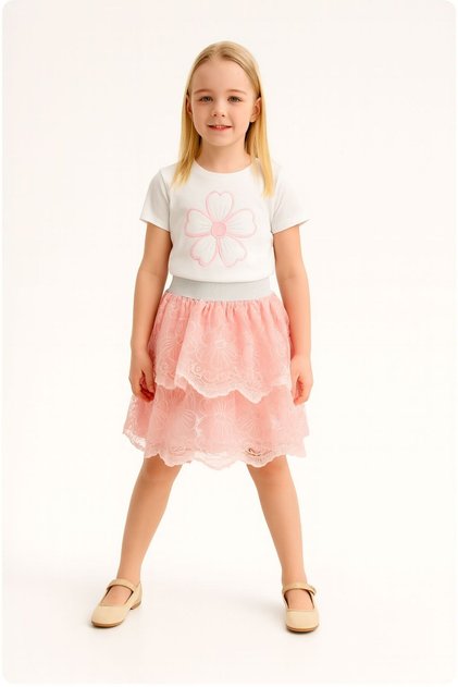 Girls' Suit Floral Embroidery T-Shirt and Layered Lace Skirt