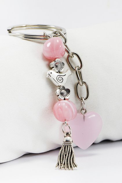 Candy Pink Bird Beaded Wreath Heart Keychain, Gift Keychain