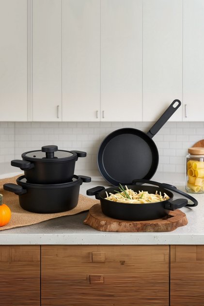 Valeria 7 Piece Granite Cookware Set | Non-Stick, Scratch-Resistant Glass Lid Dowry Box Kitchen Set | 20-24 Deep 26 Flat 26 Pan