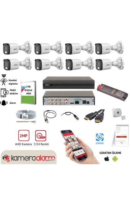 8 Kameralı Gece Gündüz Renkli Görüşlü AHD Güvenlik Kamerası Seti - Uzaktan İzleme - 2TB HDD