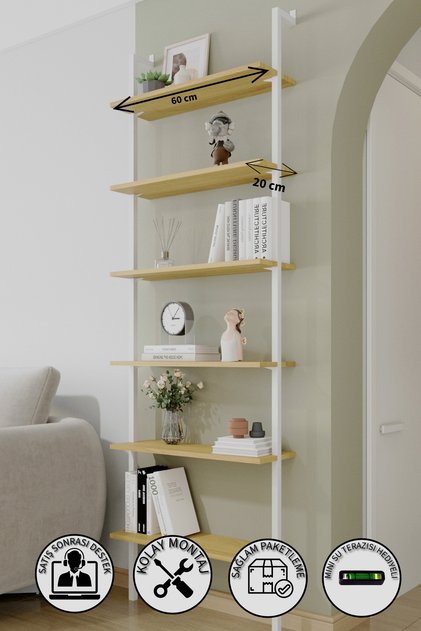 6 Raflı Meşe Kitaplık | Beyaz Profil | Dekoratif Duvar Rafı | 60x20 Ebatında Ahşap