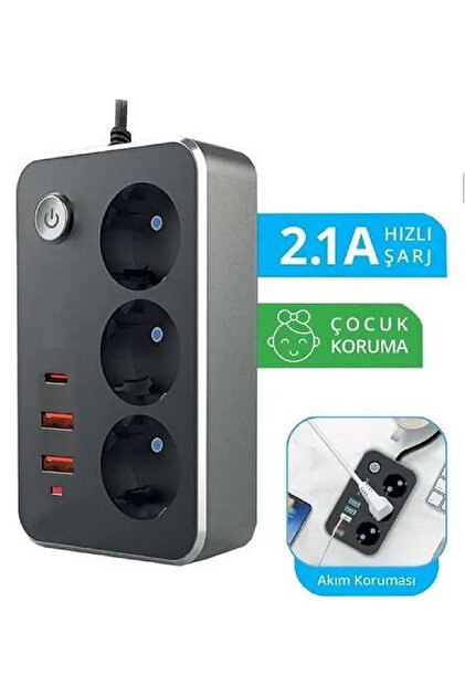 The Wlue Çoklu 3lü Priz 2500 Watt Akım Korumalı 2m Uzatma Kablosu