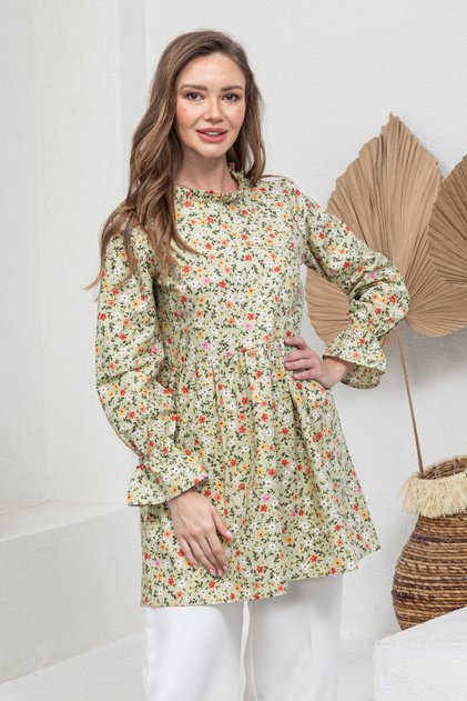 Green Mini Floral Ruffle Collar Poplin Tunic