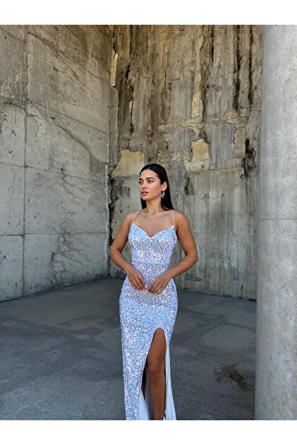 Modafeminen Trend Yırtmaçlı Kadife Pulpayet Elbise Beyaz 583293