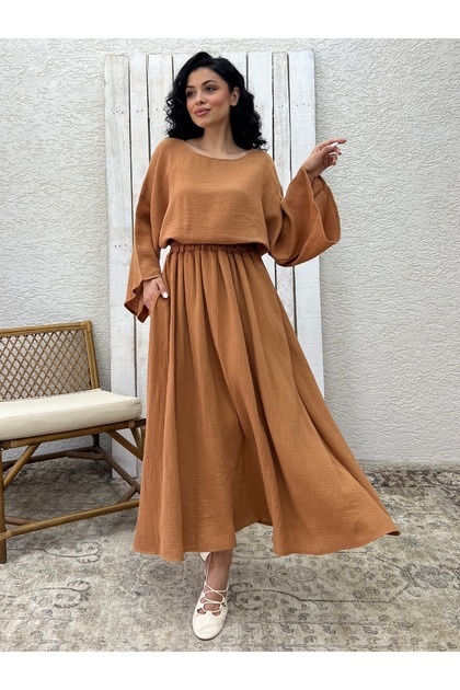 Camel Muslin Casual Blouse and Flared Skirt Set (Set of 2)