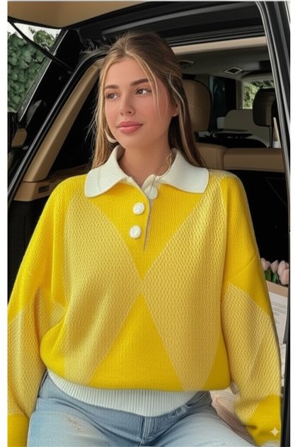 Kadın Polo Yaka Trend Oversize Popüler Triko Kazak (sarı)