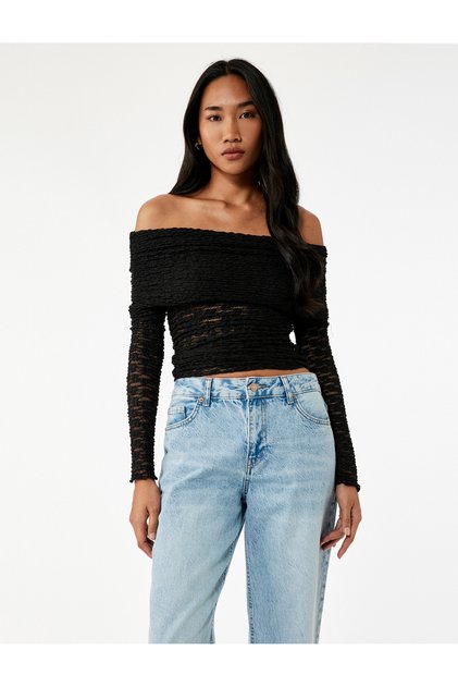 Semi See-Through Drape Detail Long Sleeve Open Shoulder Ruched Blouse