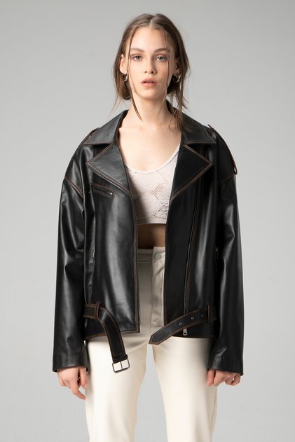 Pamela Unisex Silme Oversize Biker Hakiki Deri Mont Siyah/taba
