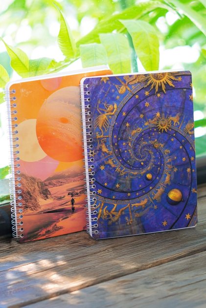A5 Spiral Cardboard Cover Set of 2 Checkered Lesson Programmed Note School Notebook - Galaxy