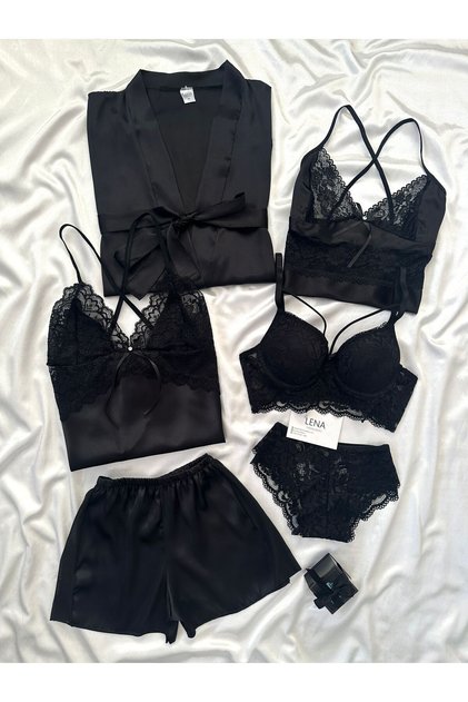 Black Vanessa Women's Satin Nightgown and Dressing Gown Dowry Set (Boxed)