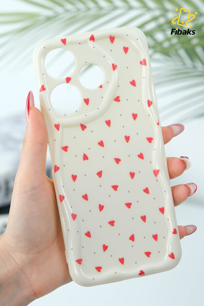 Redmi 13 4g Case Camera Protected Wave Edge Red Heart Pattern Silicone Cover