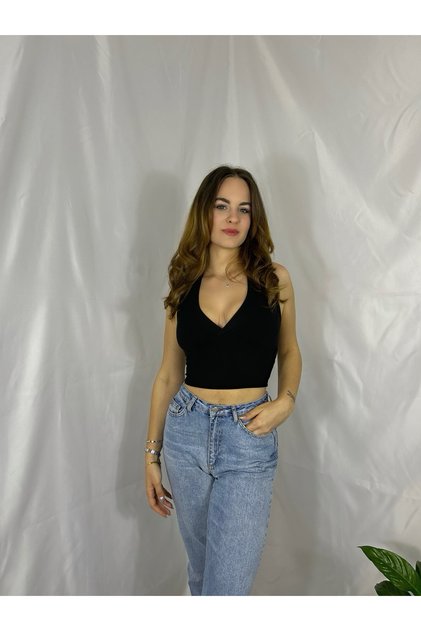 Double Breasted Neckline Halter Crop
