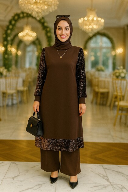 Begüm Takım Scuba Crepe Fabric Brown Skirt with Sequin Hem and Sleeves, Hijab Tunic and Pants Set