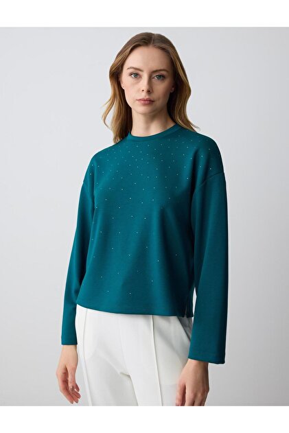 Jimmy Key Yeşil Bisiklet Yaka Uzun Kollu Taş Baskılı Sweatshirt