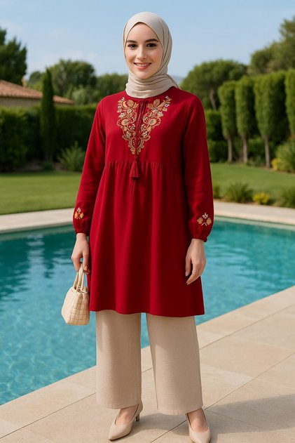 Tülay Takim Hijab Clothing Double Set Viscose Tunic Pants Burgundy