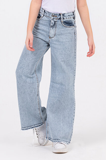 High-Waist Wide-Leg Palazzo Girls' Jeans Trousers Adjustable Waist