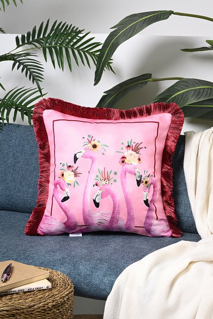 Husă de pernă din catifea, imprimată digital, cu model flamingo, roz, cu franjuri