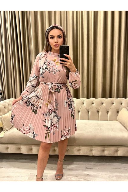 Rochie de damă, lejeră, midi, talie cu șnur, roz pudrat