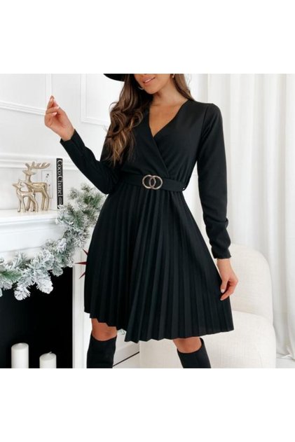 Rochie de damă, midi, plisată, talie cu șnur, neagră