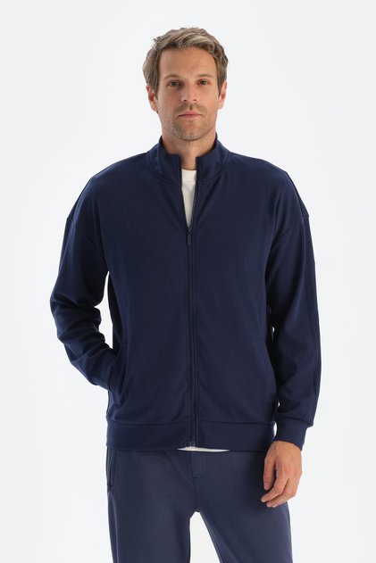 Navy Blue Men's Stand Collar Zippered Sweatshirt