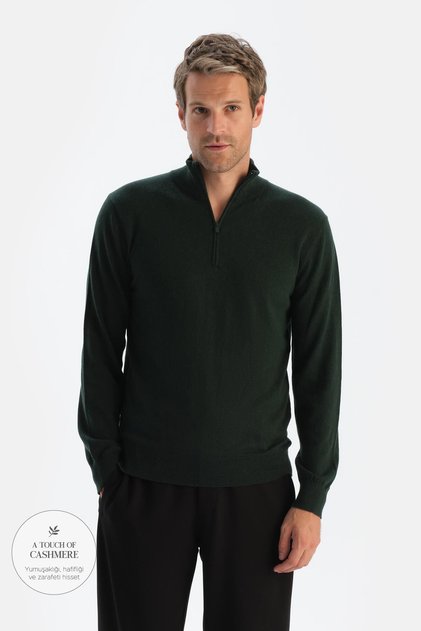 Dark green men's cashmere blended zipper collar knitwear