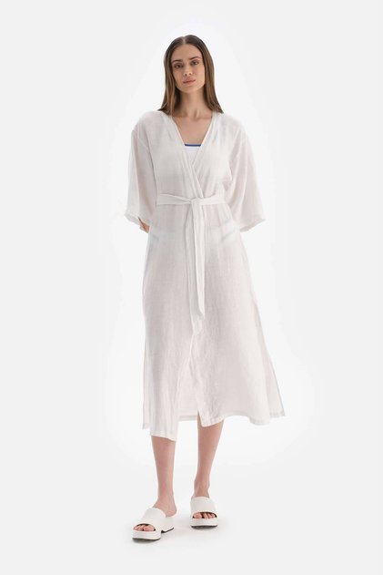 Beyaz Keten Uzun Kimono