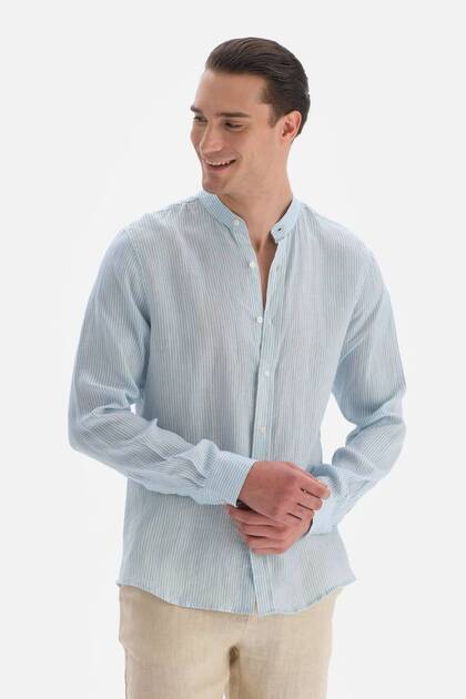 Light Blue Linen Judge Collar Striped Uk Shirt