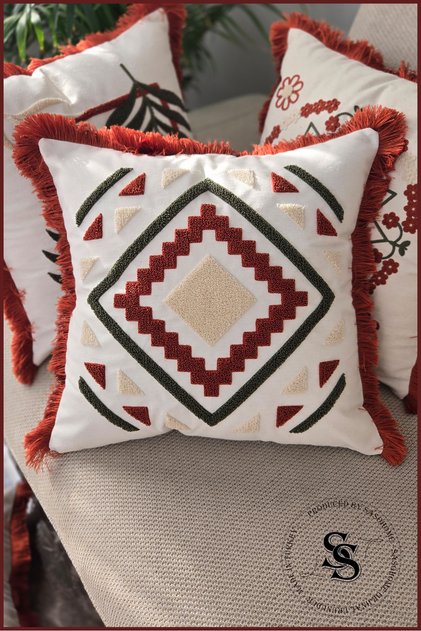 Beauty Flowers Punch Embroidered Patterned Linen Cushion Cover
